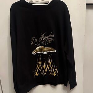 Forever 21 Black Crewneck Sweater with Car and Flame Design